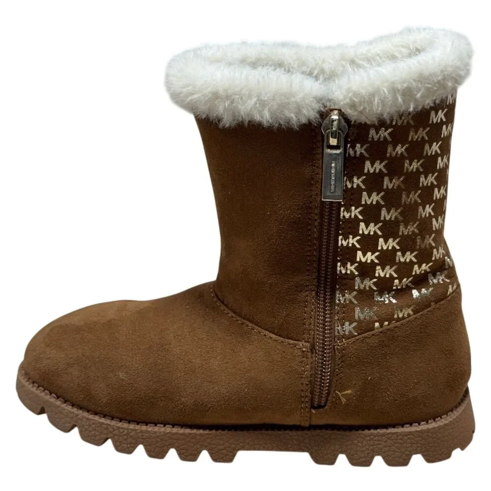 Michael Kors MK Girls Faux Fur Boots Brown Logo Winter Boot Size 1